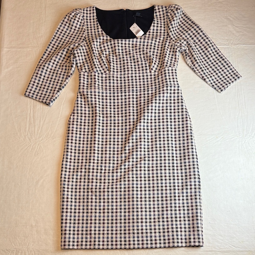 Ann Taylor Women's Black Blue Maroon  Checkered 3/4 Sleeve Midi Dress Size 6 NWT